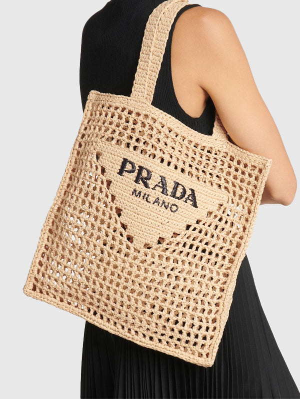 Prada Triangle-Logo Crochet Tote Bag
