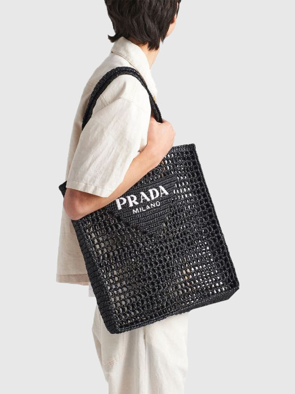 Prada Triangle-Logo Crochet Tote Bag