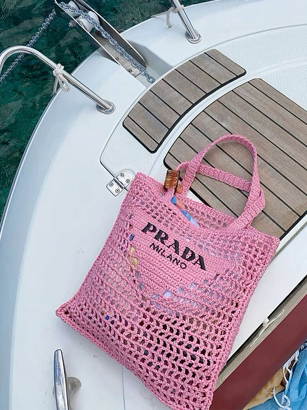 Prada Triangle-Logo Crochet Tote Bag