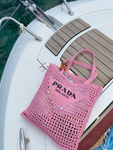 Prada Triangle-Logo Crochet Tote Bag