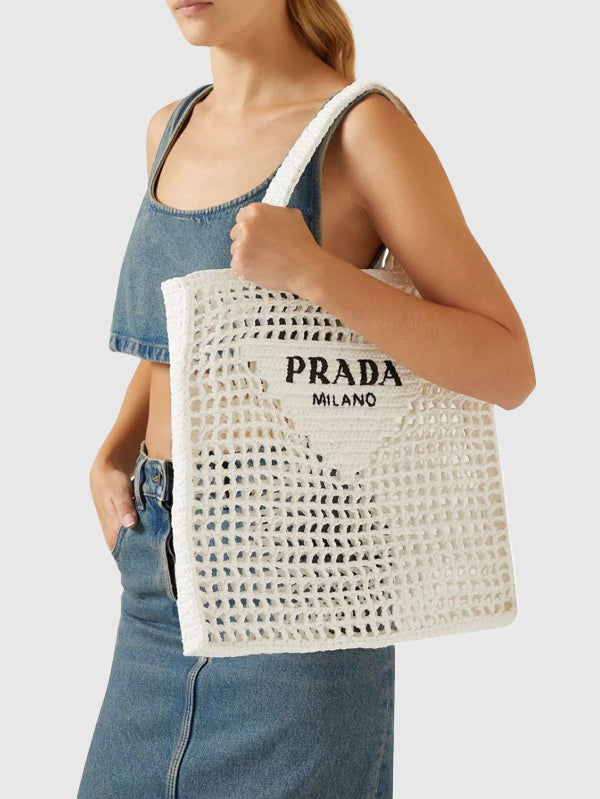 Prada Triangle-Logo Crochet Tote Bag